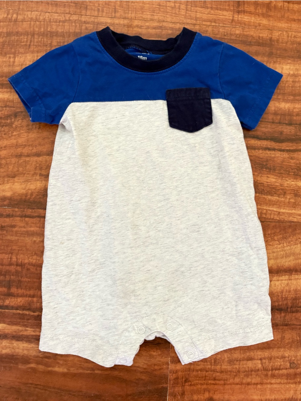 Carter’s Blue & Light Gray Baby Romper with Chest Pocket, 18 month, Kids